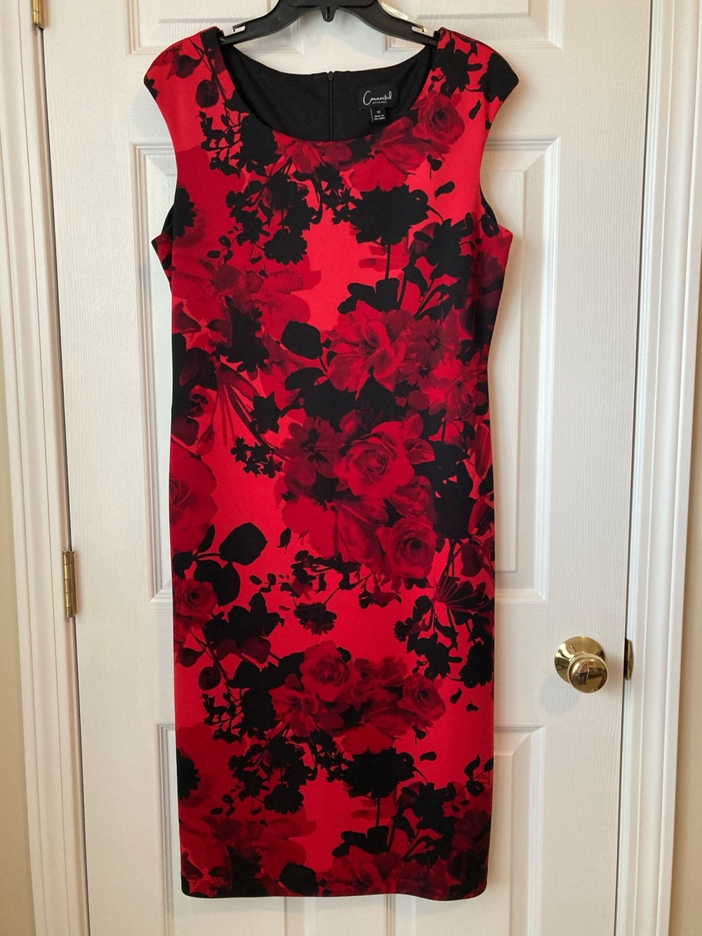 Connected apparel Red and Black Floral Midi Sheath Dress. Size 14.